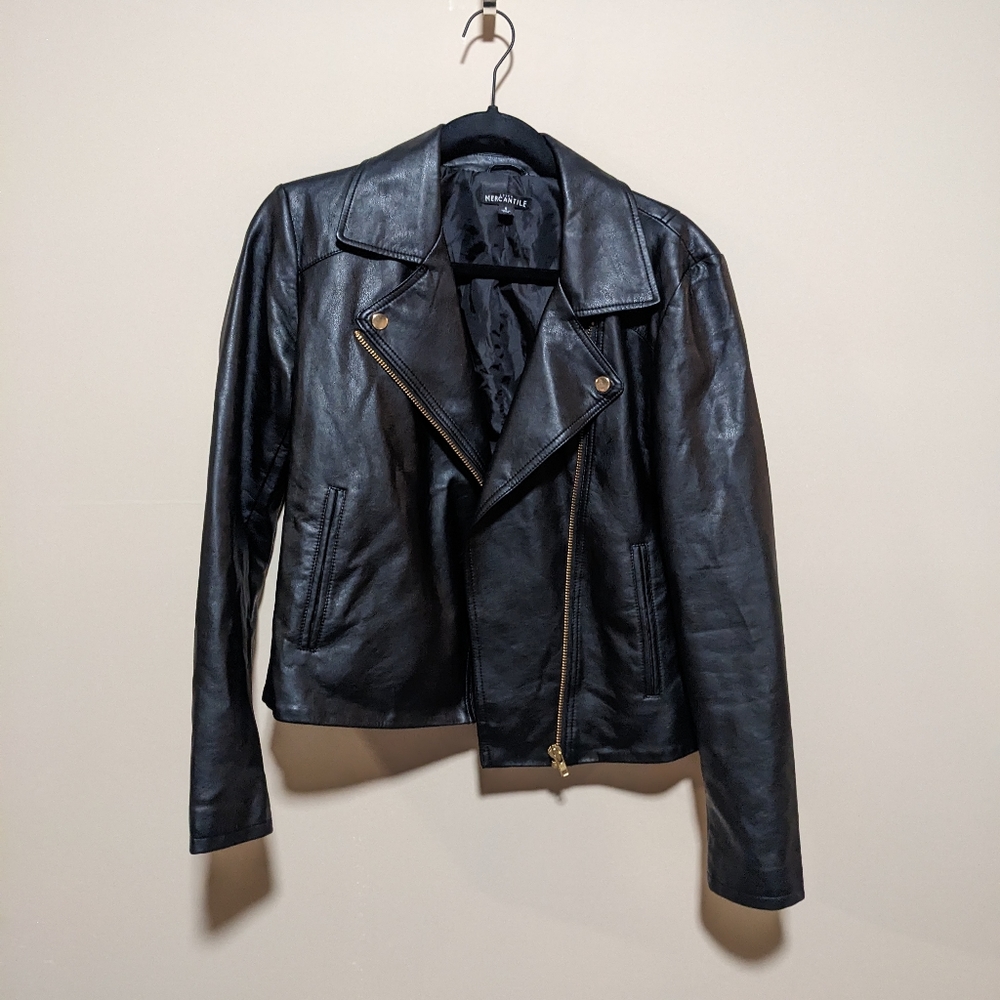 Black fake leather Moto jacket from merchantile j crew brand